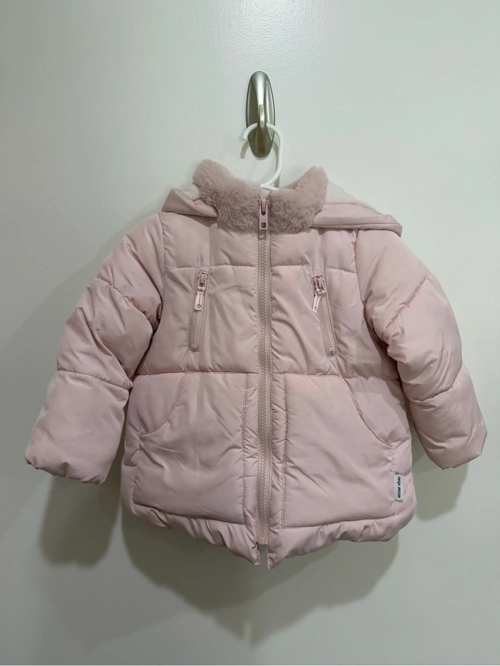 Zara Kids Pink Puffer Jacket with Faux Fur Hood